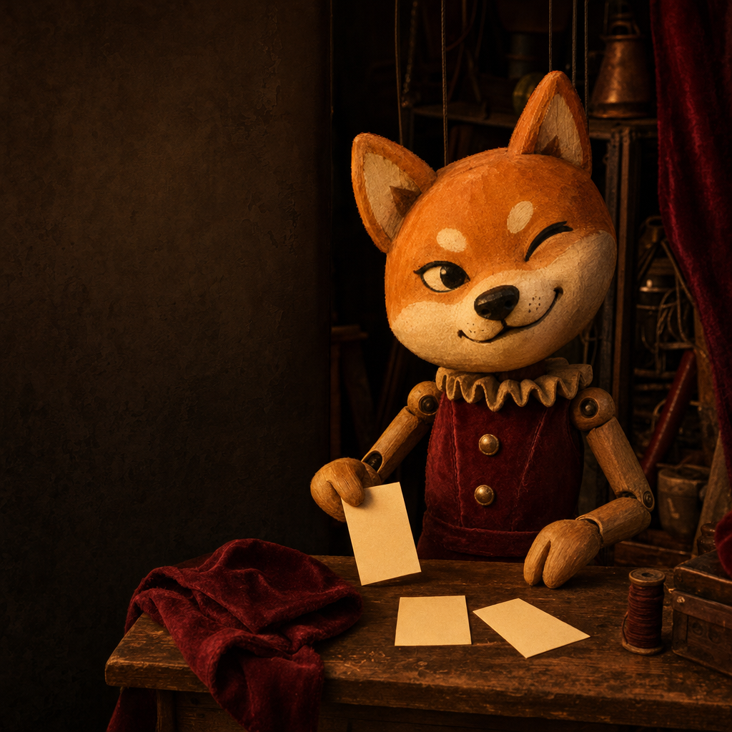 Inuendo in a velvet vest at a wooden desk, holding a blank card
